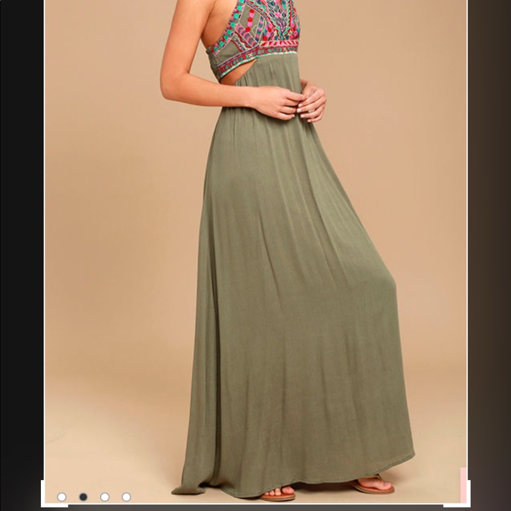 NWT. Lulus Olive Green Maxi Embroidered Dress